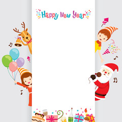 Santa, Reindeer And Children With Banner, Happy New Year, Merry Christmas, Xmas, Objects, Festive, Celebrations