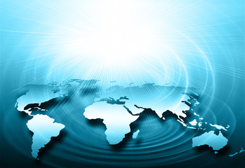 World map on a technological background, glowing lines symbols