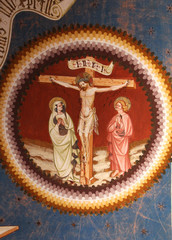 Obraz premium Cristo crocifisso con Maria e Giovanni; affresco; chiesa di Sant'Elena presso Nova Ponente