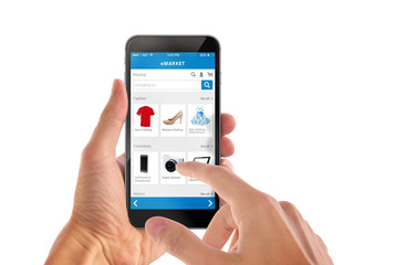 Smart phone online shopping in man hand isolated. Buy clothes shoes accessories with e commerce web site
