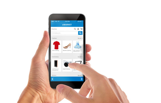 Smart phone online shopping in man hand isolated. Buy clothes shoes accessories with e commerce web site