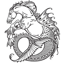 hippocampus or kelpie mythological sea-horse . Black and white image - obrazy, fototapety, plakaty