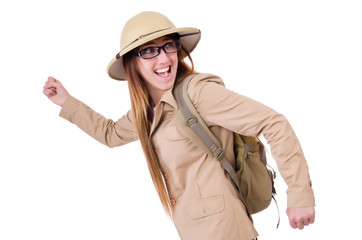 Fototapeta premium Woman wearing safari hat on white