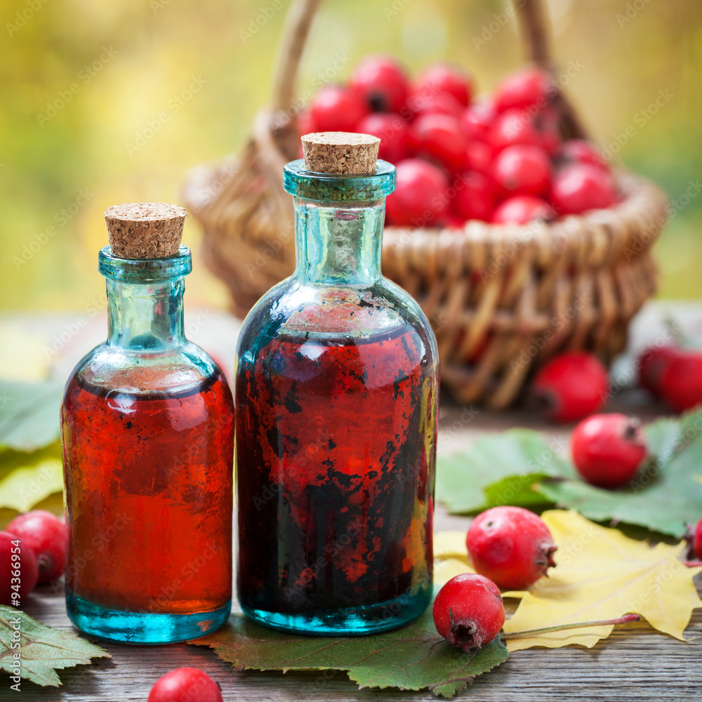 Wall mural bottles of hawthorn berries tincture and red thorn apples in bas