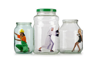 People trapped in the glass jar