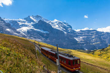 Fototapeta na wymiar Train running under the Jungfrau
