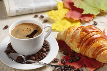 Coffee, croissant and newspaper