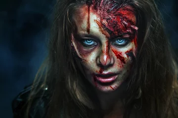 Fotobehang Close-up portrait of horrible zombie woman. Horror. Halloween  © Mike Orlov