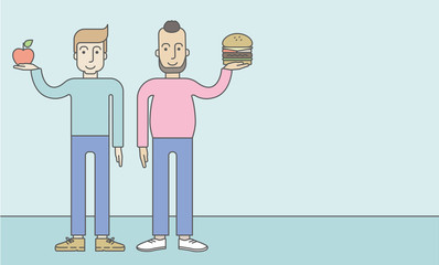 Men standing with hamburger and apple.