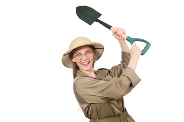 Woman wearing safari hat on white
