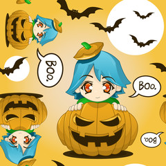 Cute Kid In A Pumpkin Seamless Pattern