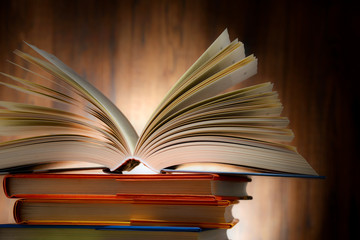 Composition with hardcover books in the library