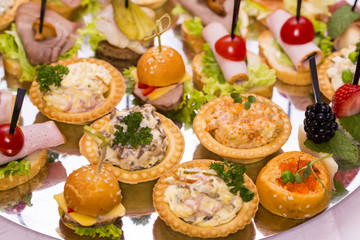 Canapes of cheese vegetables meat and seafood