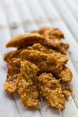 Fried banana, bamboo flooring.