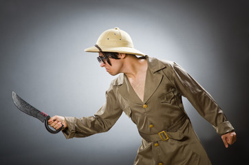 Man wearing safari hat in funny concept