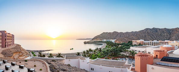 Sunrise at the Barr Al Jissah in Oman. It is located about 20 km east of Muscat. - obrazy, fototapety, plakaty