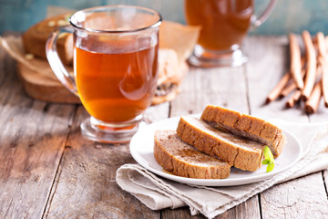 Gingerbread loaf cake with hot tea