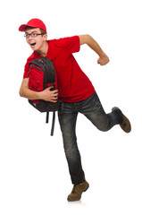 Young traveller with backpack isolated on white