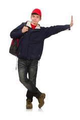 Naklejka premium Young traveller with backpack isolated on white