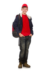 Young traveller with backpack isolated on white
