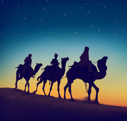 Three Wise Men Riding Camel Desert Dusk Concept