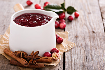 Cranberry sauce in ceramic saucepan