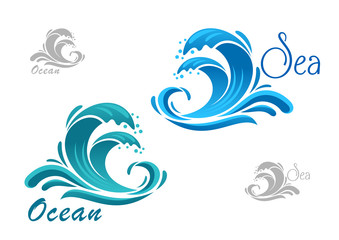 Blue sea waves icon with water splash