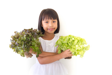 Children girl is expressions of healthy food on white background