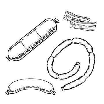 Sausages, salami and sliced bacon sketches