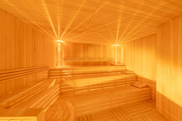 Hot wooden sauna room interior