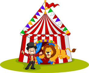 Cartoon lion  jumping through ring with circus tent background
