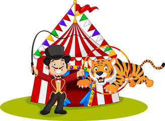 Obraz na płótnie Canvas Cartoon tiger jumping through ring with circus tent background 
