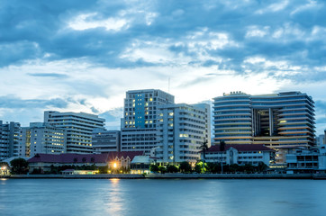 Siriraj hospital in night light and cloudy view