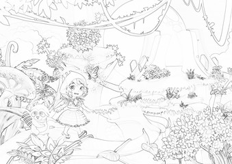 Naklejka premium Illustration: Coloring Book Series: Walking Through the Mountains. Soft thin line. Print it and bring it to Life with Color! Fantastic Outline / Sketch / Line Art Design. 