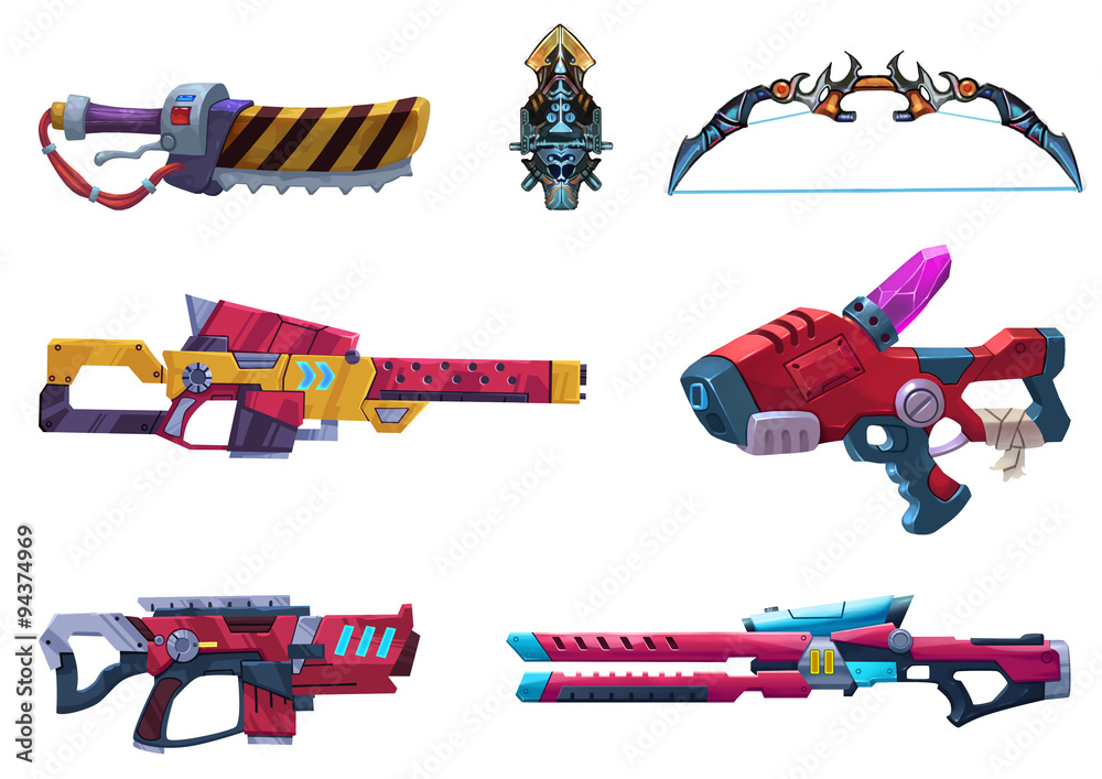 Wall mural illustration: futuristic weapon arsenal with white background. realistic cartoon style. elements / g