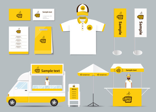 concept  corporate branding identity mock up template for coffee shop and restaurant. card .menu.polo shirt.vector.yellow