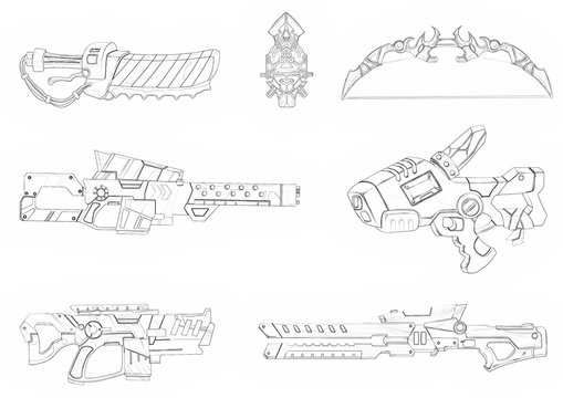 Illustration: Coloring Book Series: Boy's Favorite: Futuristic Weapon Arsenal. Soft thin line. Print it and bring it to Life with Color! Fantastic Outline / Sketch / Line Art Design. 