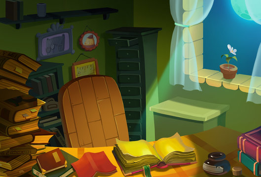 Illustration: Library Room at Night. Realistic Cartoon Style. Fantasy Scene / Wallpaper / Background Design.
