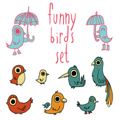 Fototapeta premium Vector cartoon flat birds set icon stickers.