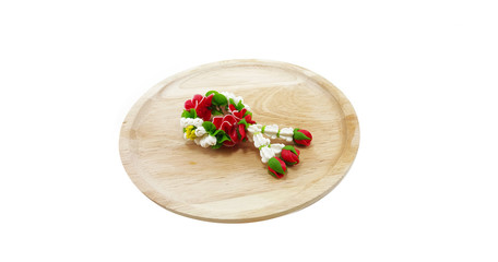 Small Polymer Clay Garland Of Flowers on wooden tray; white back