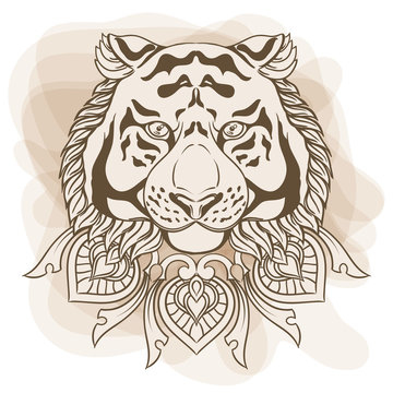 Golden tiger head with ornament mandala. Vintage hand drawn 