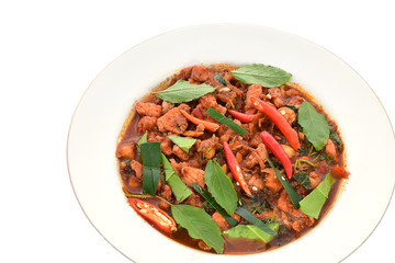 Fried pork and basil spicy and  delicious.Selective focus with shallow depth of field.