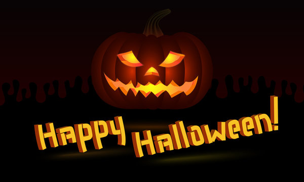 Happy halloween congratulation poster with 3d volumetric Pumpkin vector icon and volumetric text