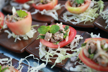 Food was prepared for the wedding dinner.