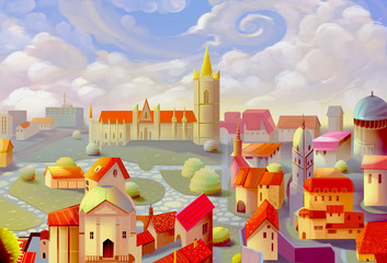 Illustration: A Beautiful Town. Realistic / Cartoon Style. Fantasy Topic. Scene / Wallpaper / Background Design. © info@nextmars.com