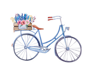 watercolor vintage  bicycle with box of flowers. 