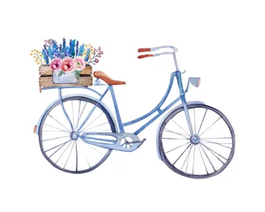 Deurstickers watercolor vintage  bicycle with box of flowers.  © kris_art