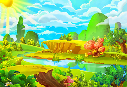 Illustration: The Sun and the River. Cartoon Style. Nature Topic. Scene / Wallpaper / Background Design.