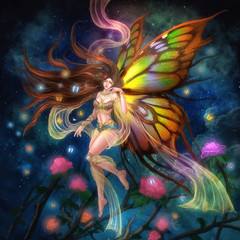 Illustration: The Butterfly Fairy. Realistic / Fantastic Style. Scene / Wallpaper / Background Design. 