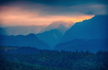 Plakat Sunset over Tatras mountain silhouette, Slovakia